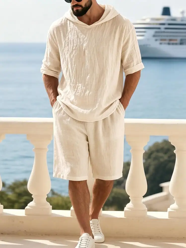 Washed Cotton Linen Hoodie Short Two Piece Set