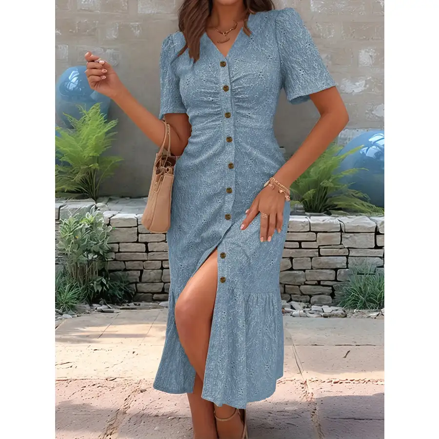 Eyelet Button Front V-Neck Midi Dress