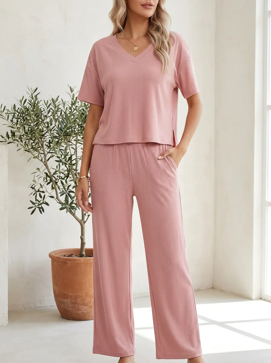 Easy-Wear Minimalist Women's V-Neck Casual Lounge Set