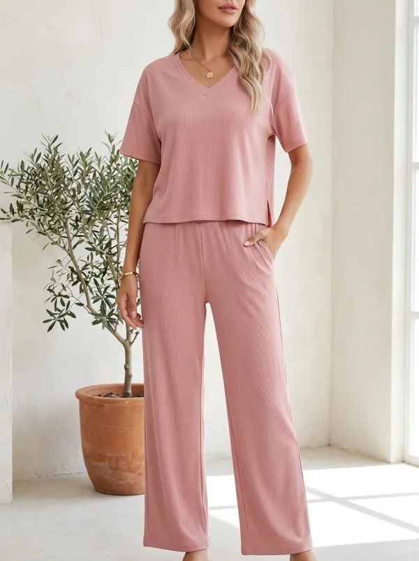 Easy-Wear Minimalist Women's V-Neck Casual Lounge Set