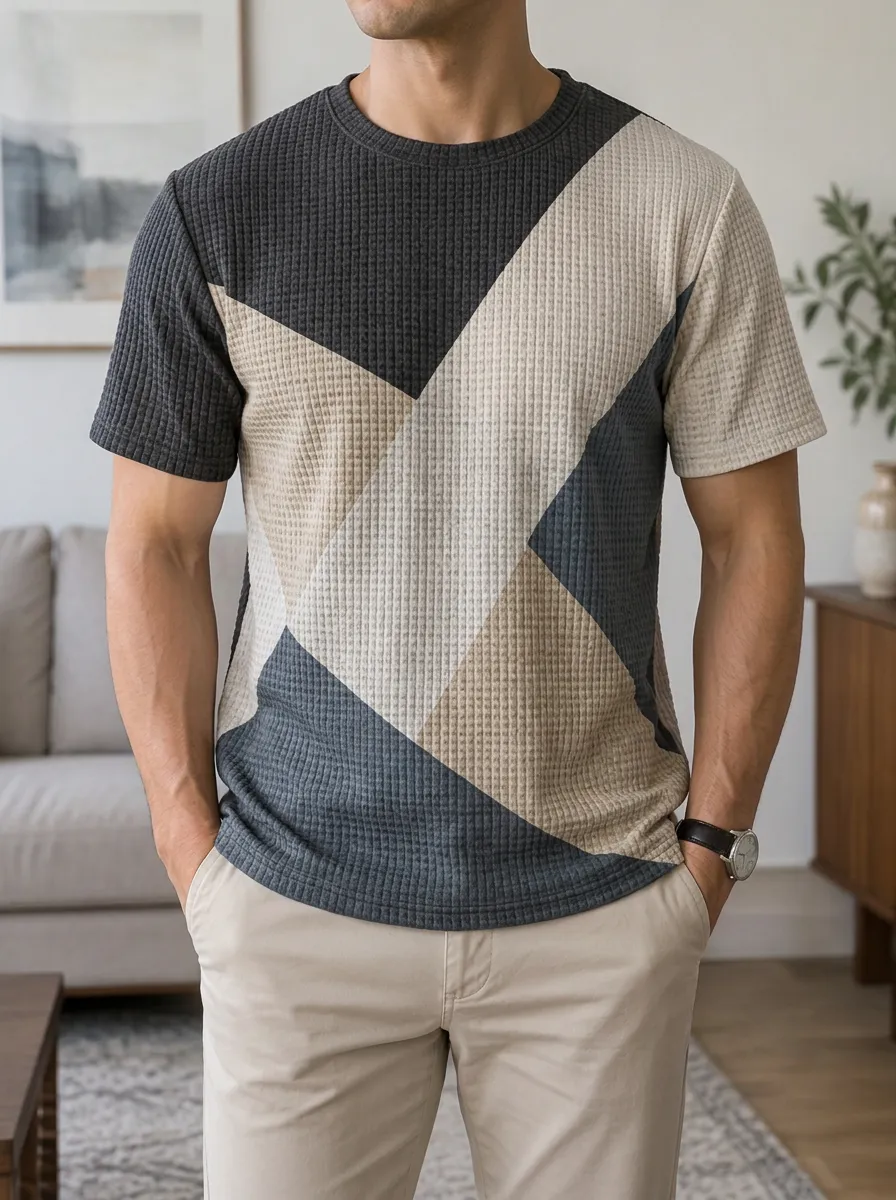 Men's Geometric Colorblock Waffle Knit Relaxed Crew Neck T-Shirt