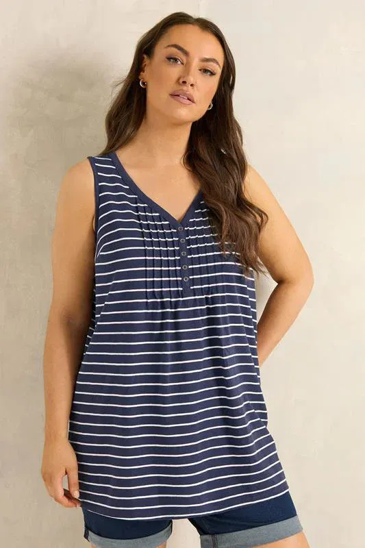 Navy Blue Stripe Cotton Henley Vest Top