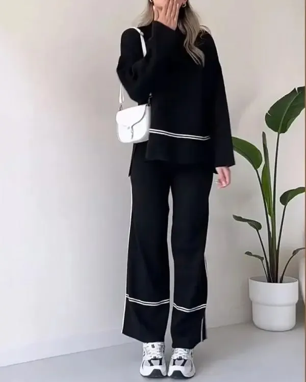 Casual Two-Pieces Outfits Solid Color Casual Top Loose Bootcut Trousers Pants Sets