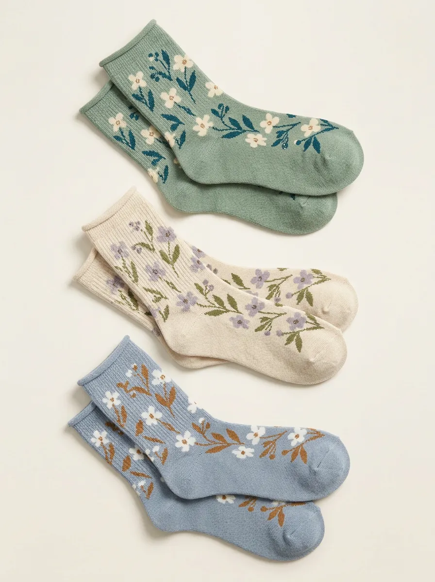 Women's Botanical Ribbed 3-Pack Ankle Jacquard-Look Socks