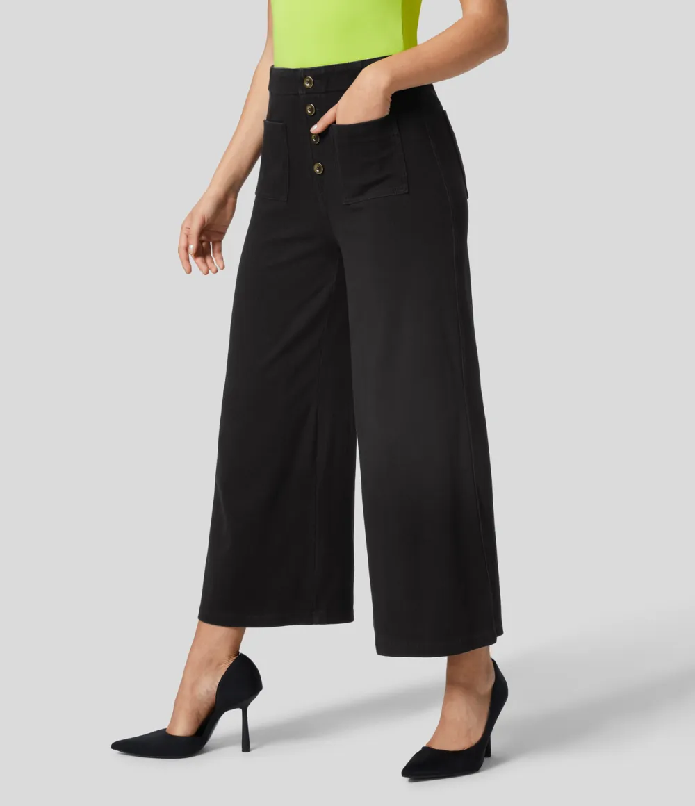 Magic High Waisted Button Pockets Washed Stretchy Knit Casual Wide Leg Jeans