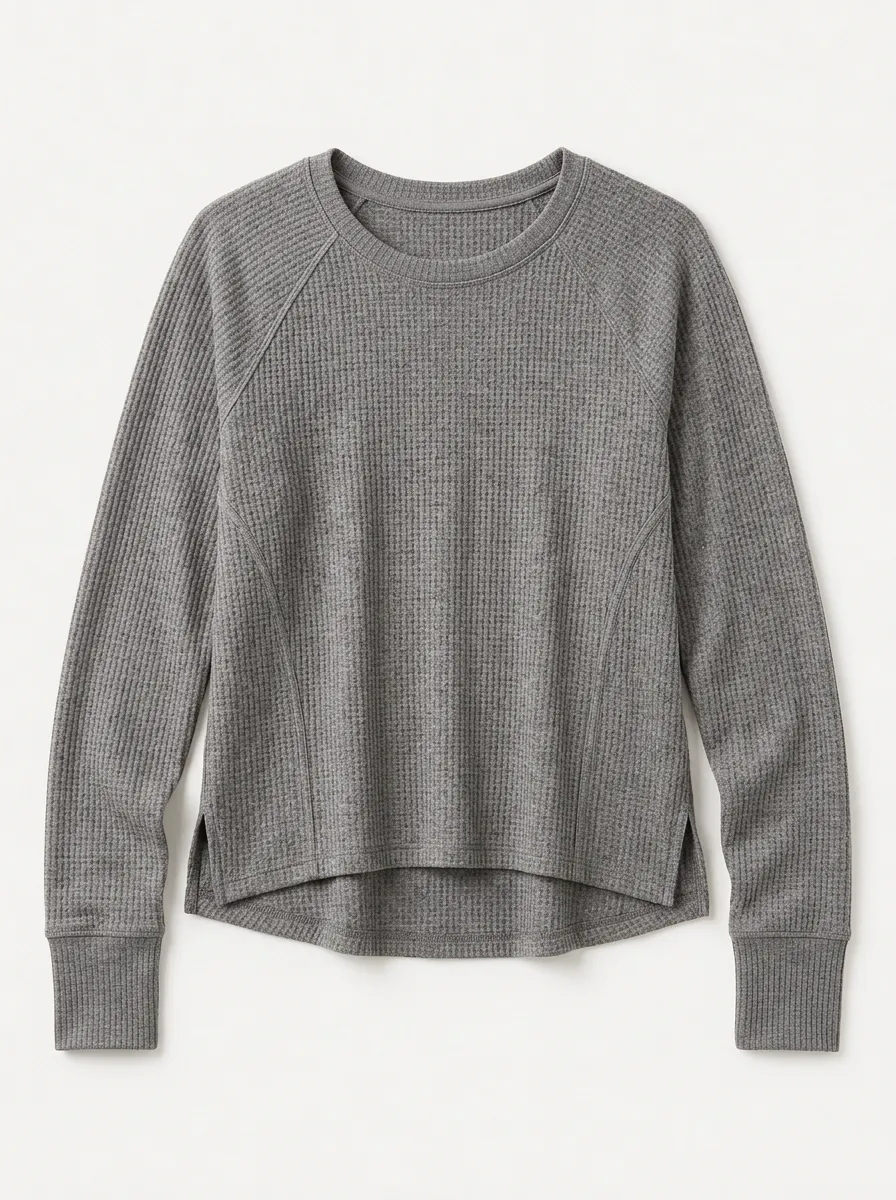 Women's Casual Athletic Grey Waffle Knit Long Sleeve Top