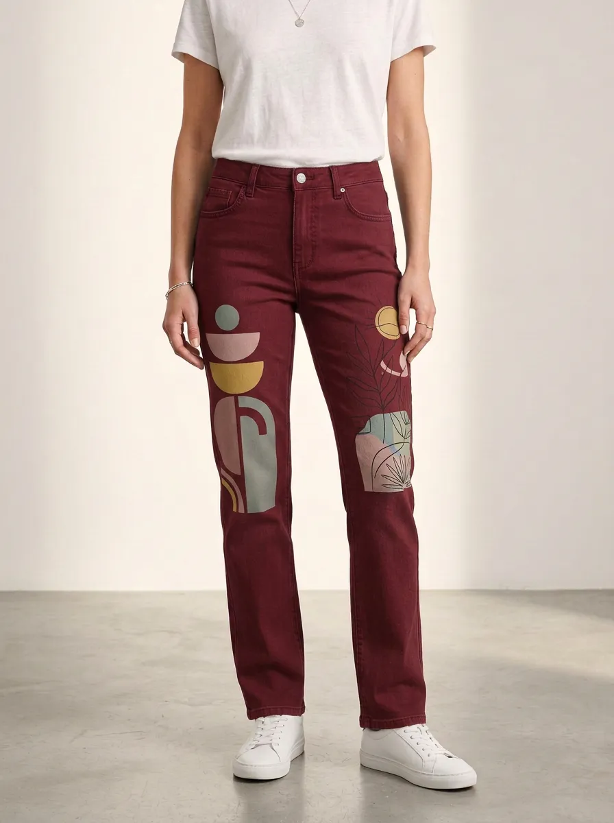 Women's Boho Abstract Sun Plant Printed Straight Leg Jeans
