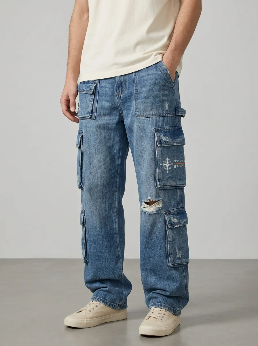 Men's Travel Explorer Compass Printed Distressed Denim Cargo Jeans