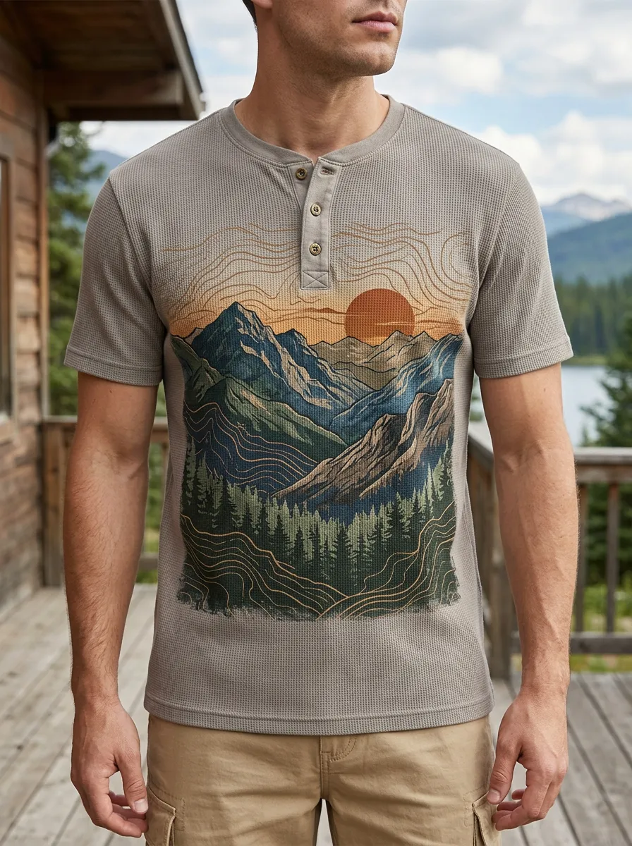 Men's Mountain Sunset Nature Lover Printed Henley T-shirt