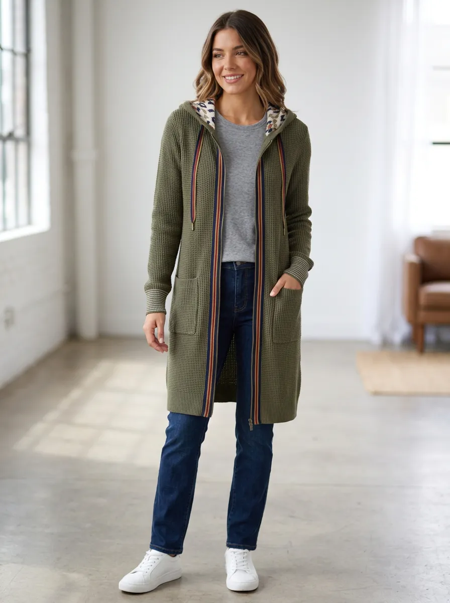 Women's Olive Waffle Knit Leopard Hooded Printed Cardigan