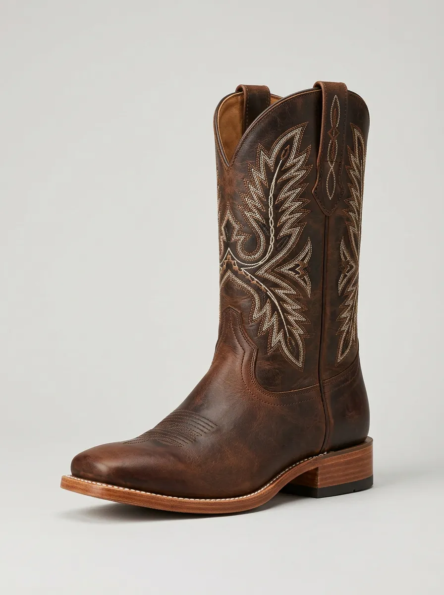 Men's Trail Western Embroidered Brown Leather Printed Boots