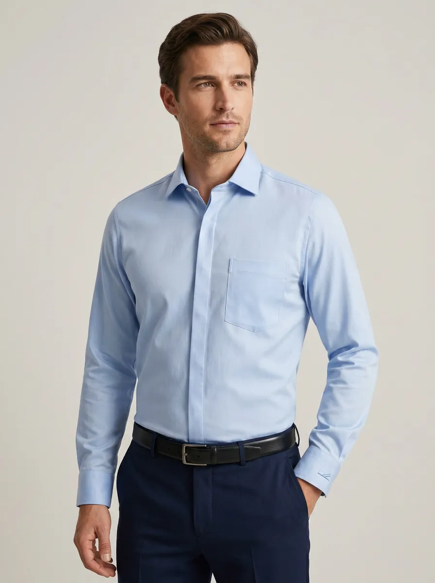 Men's Non-Iron Cotton Light Blue Solid Long Sleeve Shirt