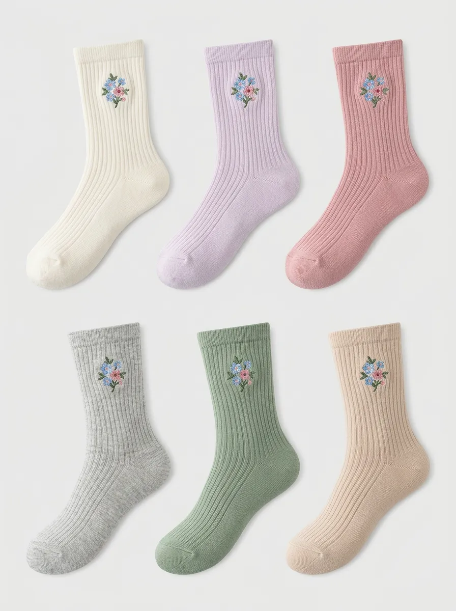 Women's Pastel Floral Embroidered Ribbed Crew Socks 6-Pack