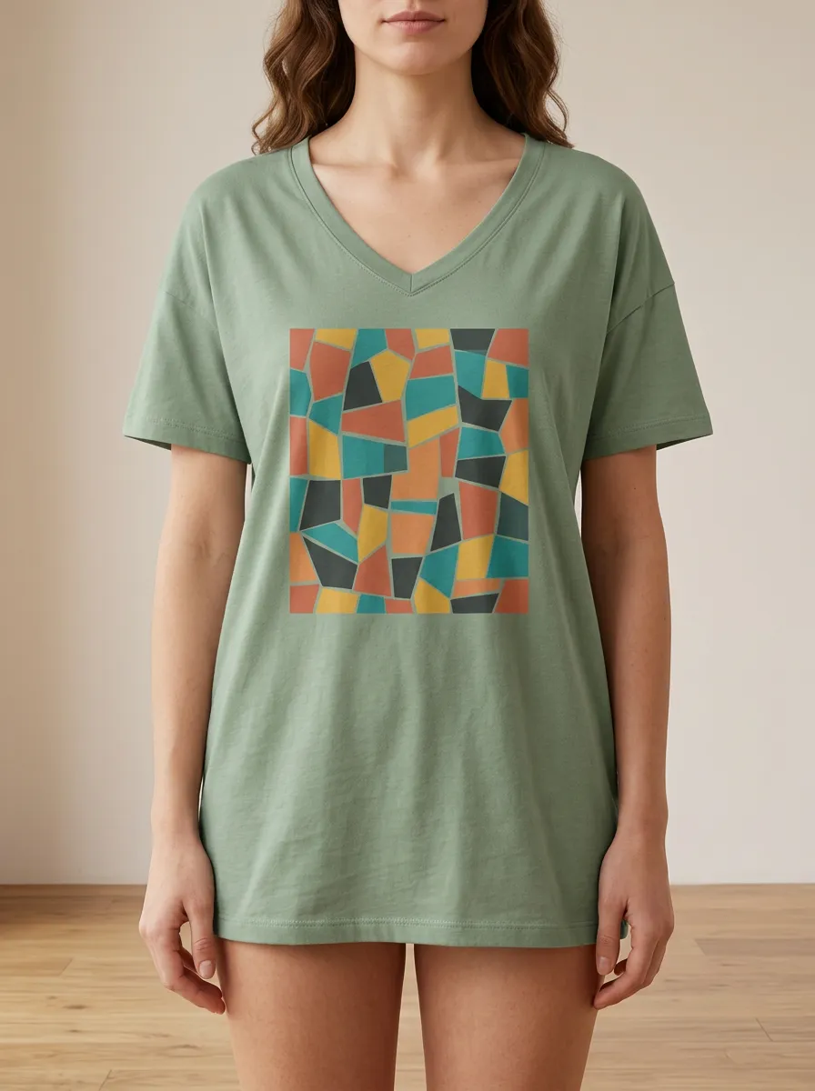 Women's Abstract Art Geometric Mosaic Printed V-Neck T-Shirt
