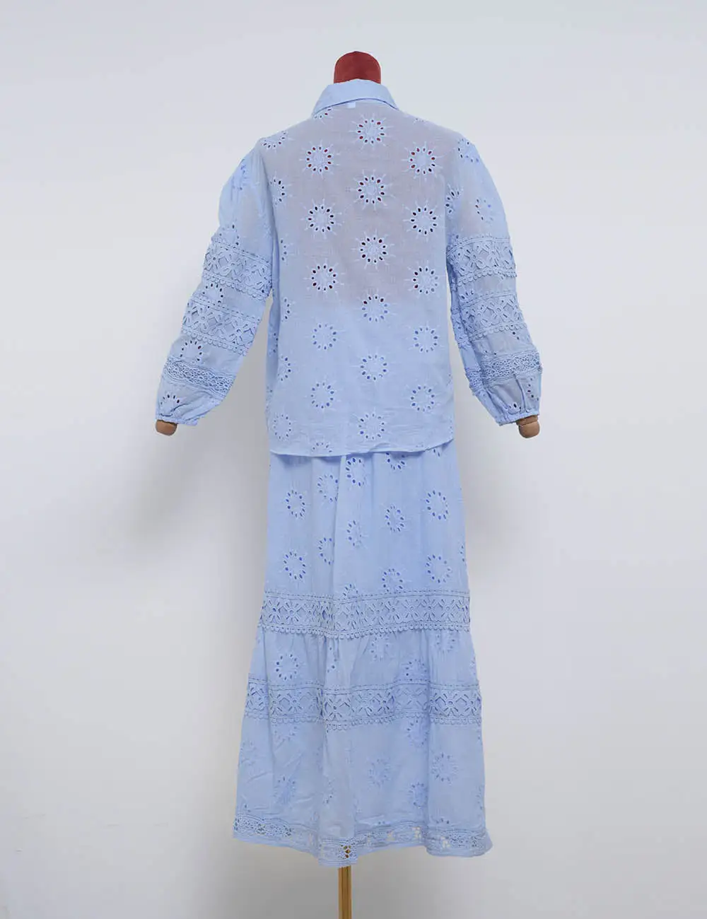Boho Eyelet Button Down Blouse and Tiered Maxi Skirt Set