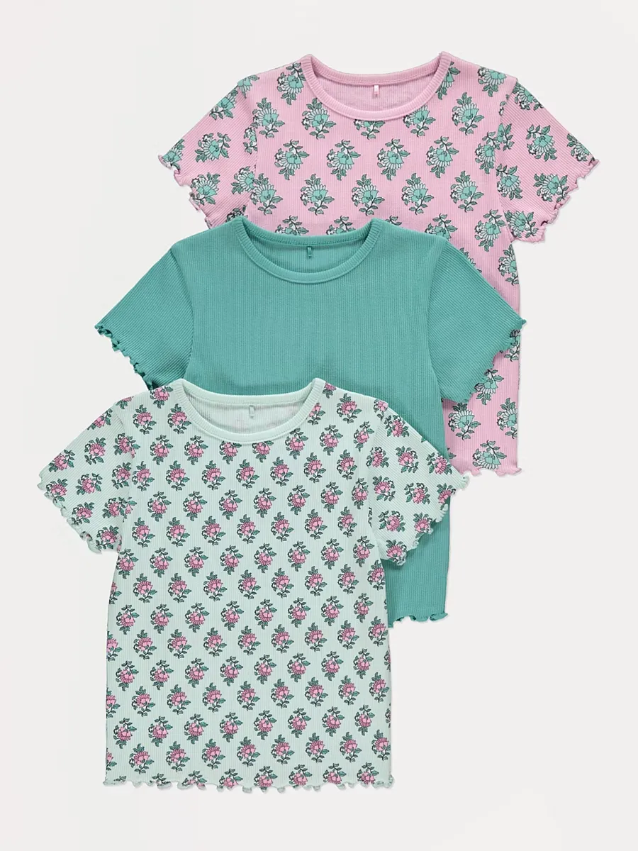 Floral Ribbed Lettuce Edge T-shirts 3 Pack