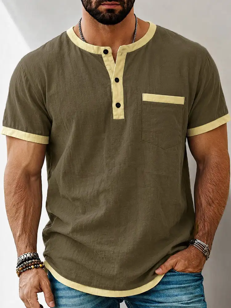 S Contrast Trim Henley Short Sleeve Shirt Cotton Linen