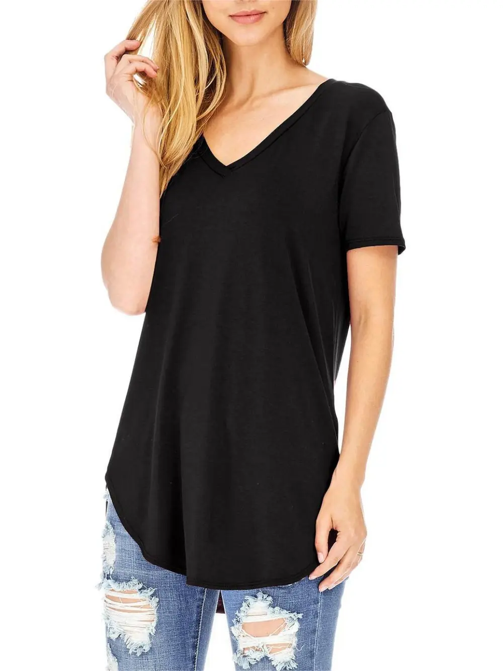 Burgundy Round - Hem V - Neck T - Shirt