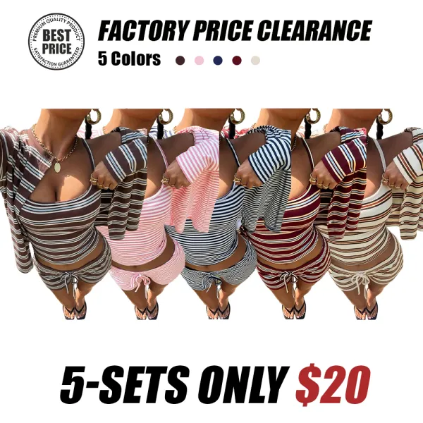 Striped Knit Women's Casual Striped Tank Top Jacket Shorts Set