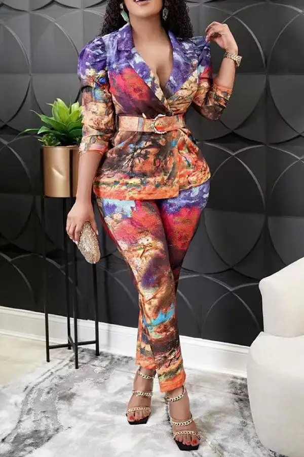 Belted Notched Lapel Long Sleeve Pant Set