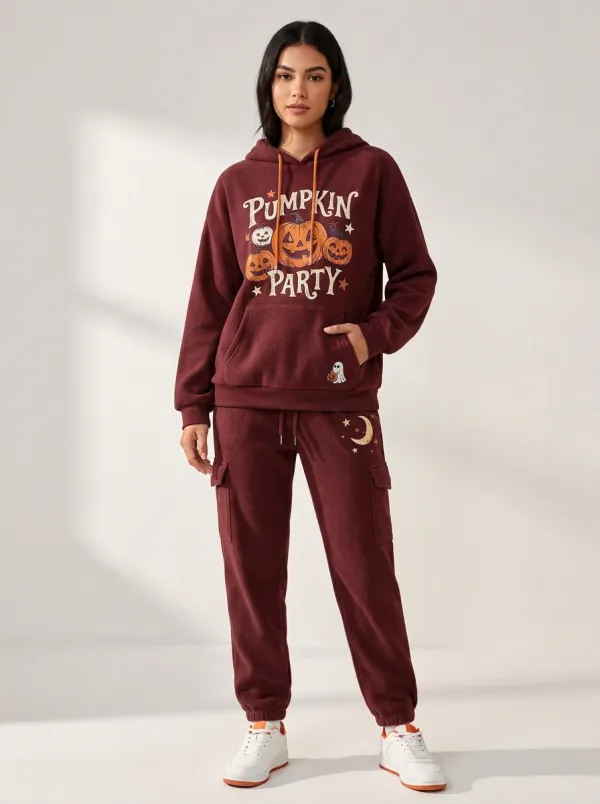 Women's Halloween Pumpkin Party Ghost Moon Printed Fleece Tracksuit