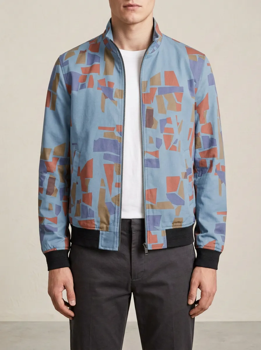 Geometric Print Stand Collar Sleeve Detail Bomber Jacket