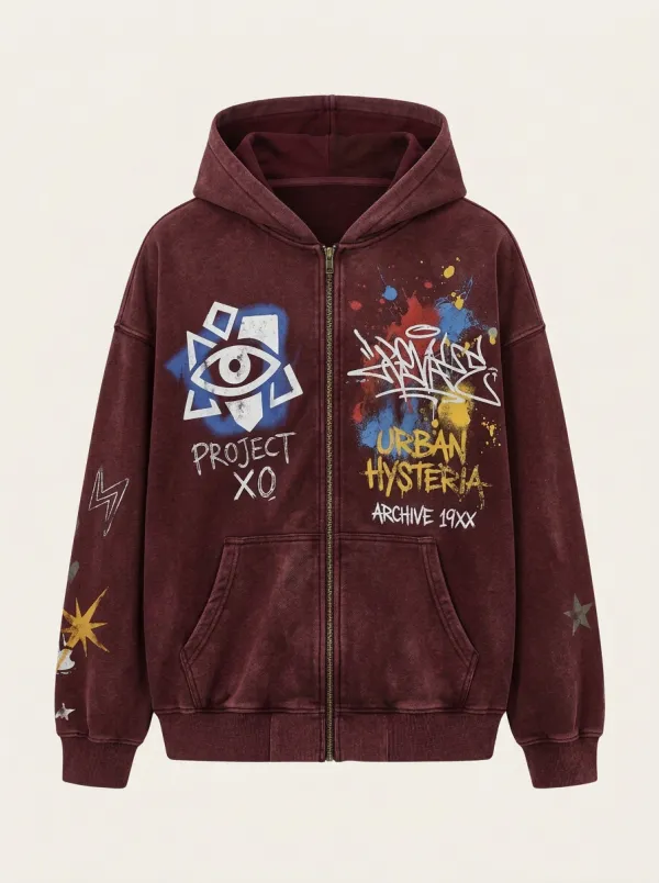 Unisex Streetwear Project XO Urban Hysteria Graffiti Printed Zip-up Hoodie