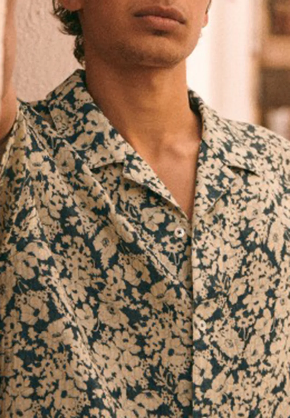 Light Orange Floral Print Short Sleeve Cotton Shirt