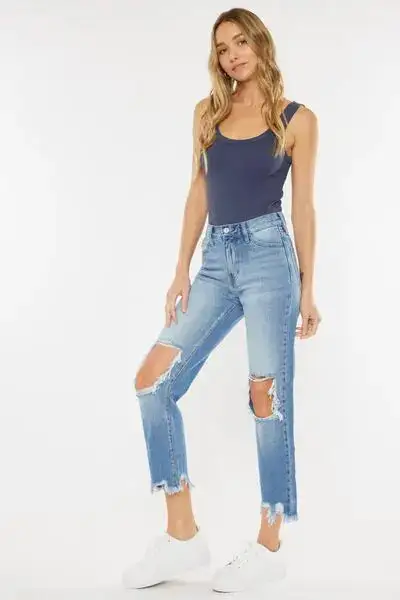 High Waist Chewed Up Straight Mom Denim Jeans