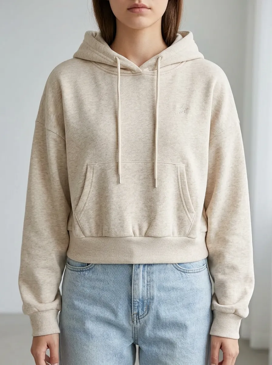 Women's Minimalist Star Embroidered Beige Cropped Hoodie