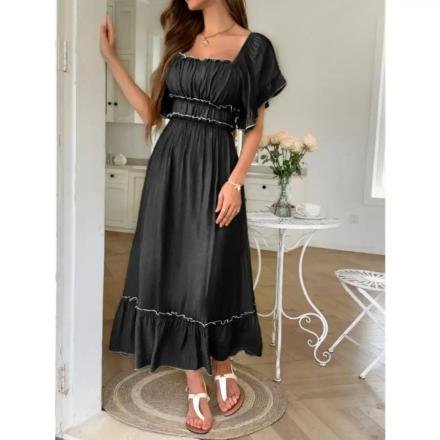 Square Neck Puff Sleeve Ruffle Trim Maxi Dress