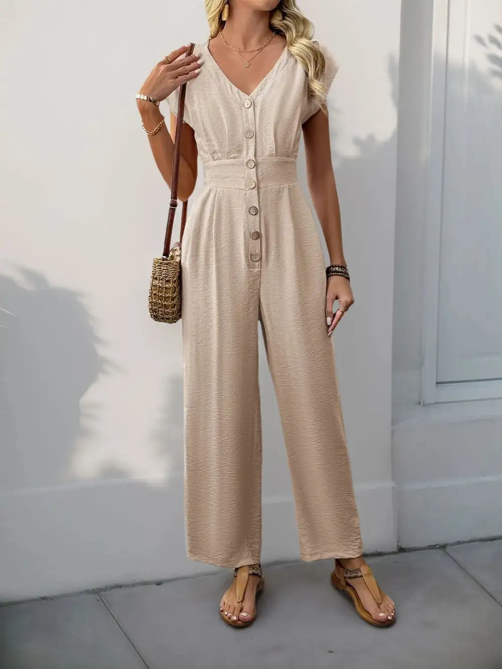 V Neck Wide Leg Jumpsuit
