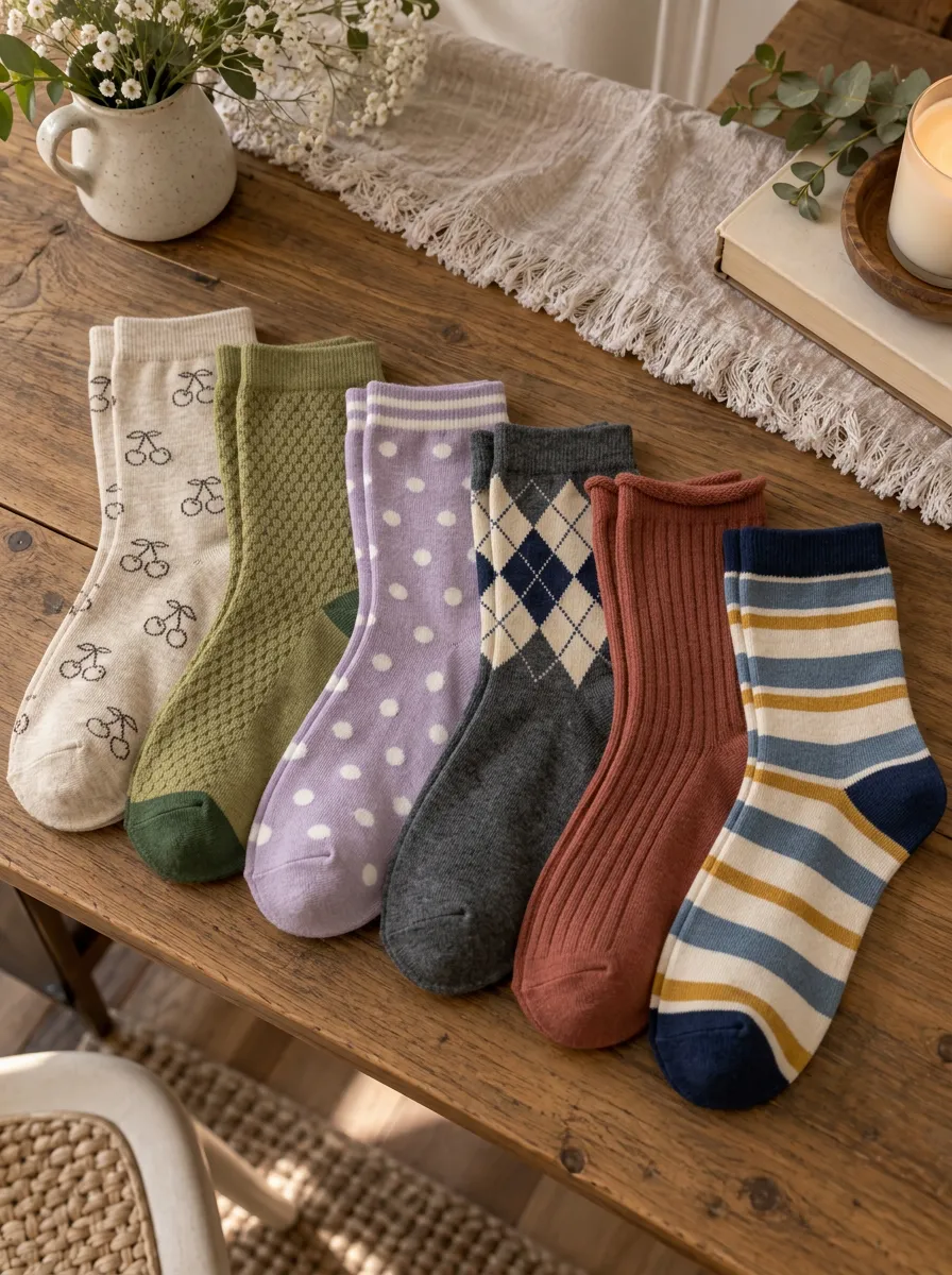 Women's Vintage Style Cherry Polka Dot Argyle Striped Printed Socks Set