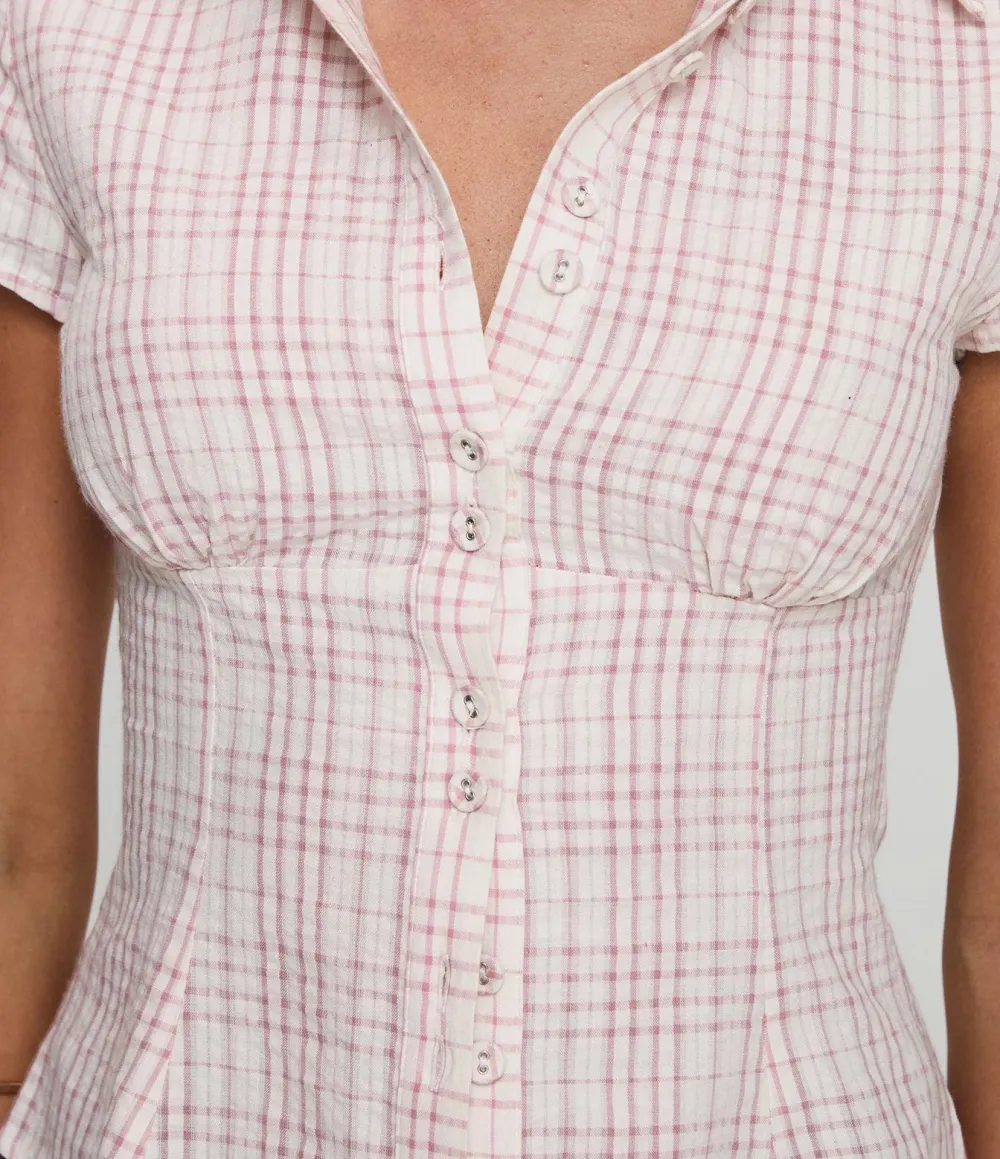 Pink Check Ruched Blouse