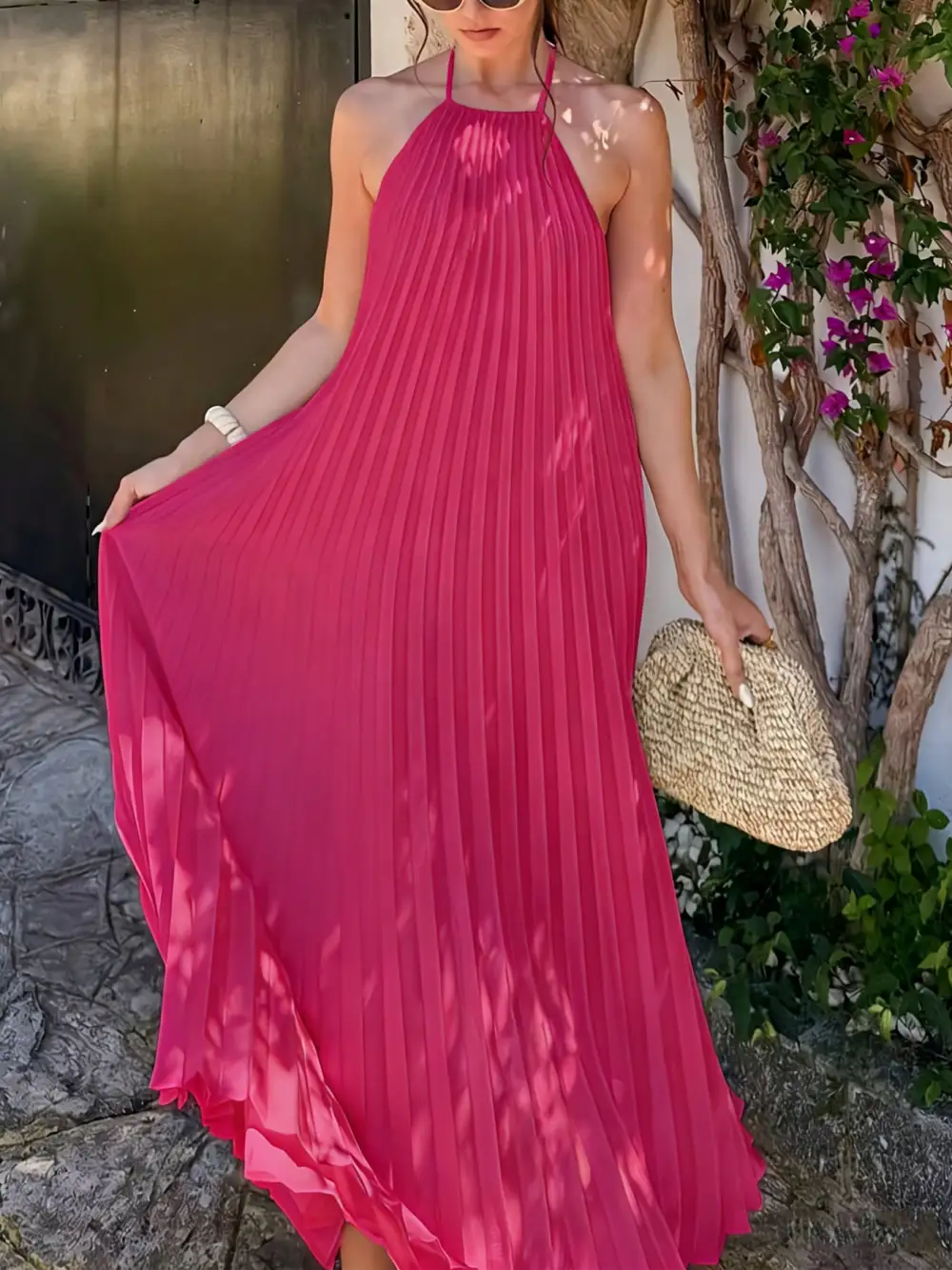 Casual Halter Neck Pleated Maxi Dress