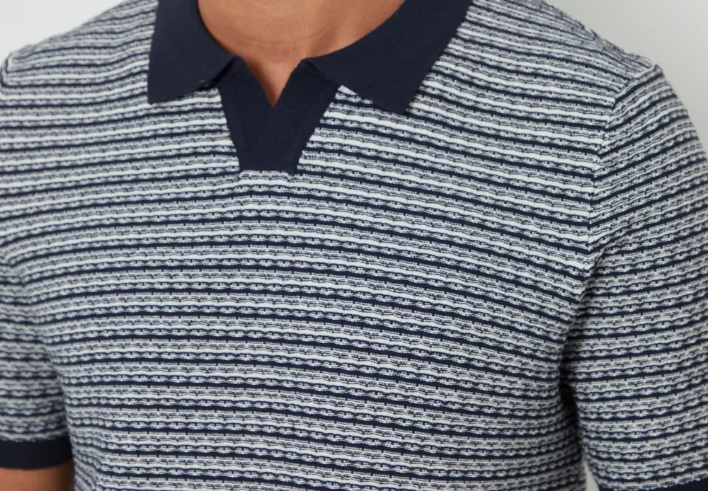 Men's Navy Textured Stripe Knit Open-Collar Polo