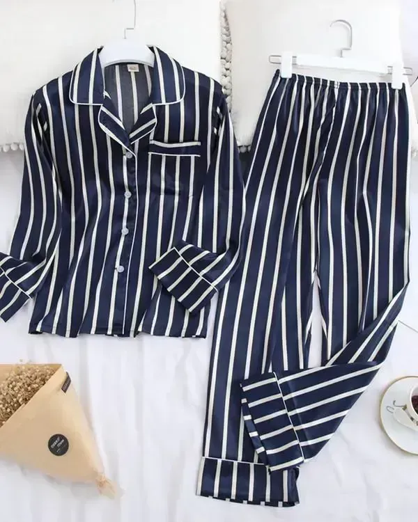 Long Sleeve Pajamas Ice Silk Printing Fashion Sleepwear Set