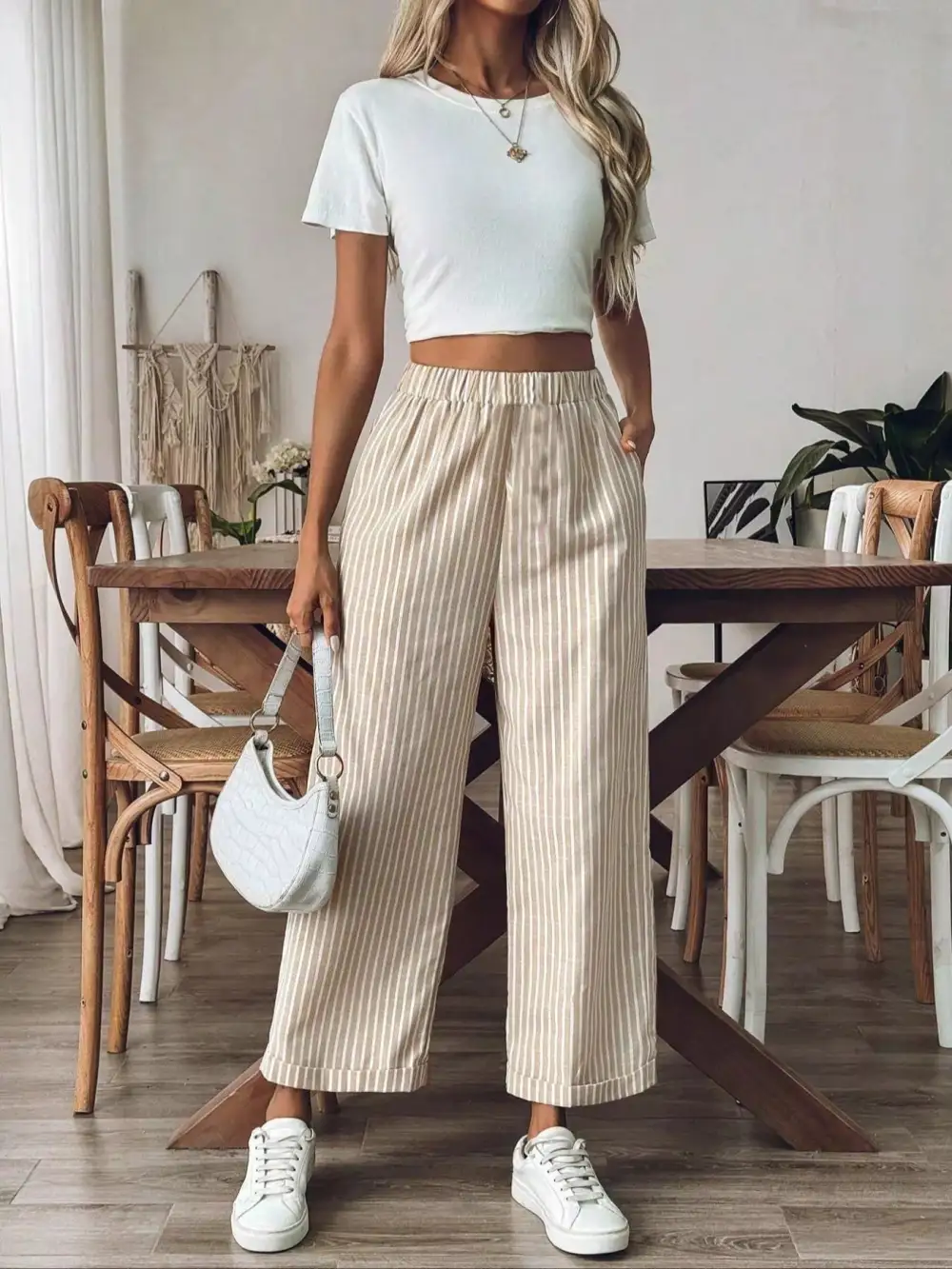 Textured Striped High Waisted Wide Leg Pants