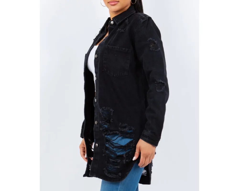 Distressed Button-Up Long-Sleeve Denim Jacket