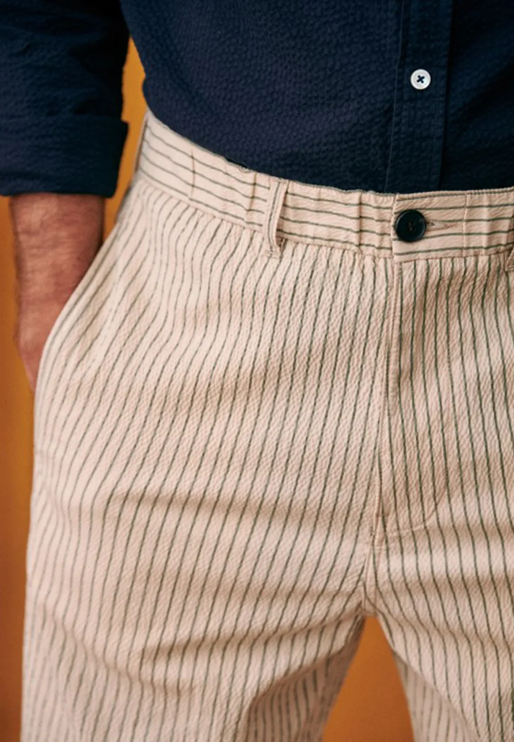 Trousers-Seersucker Beige Green Stripes