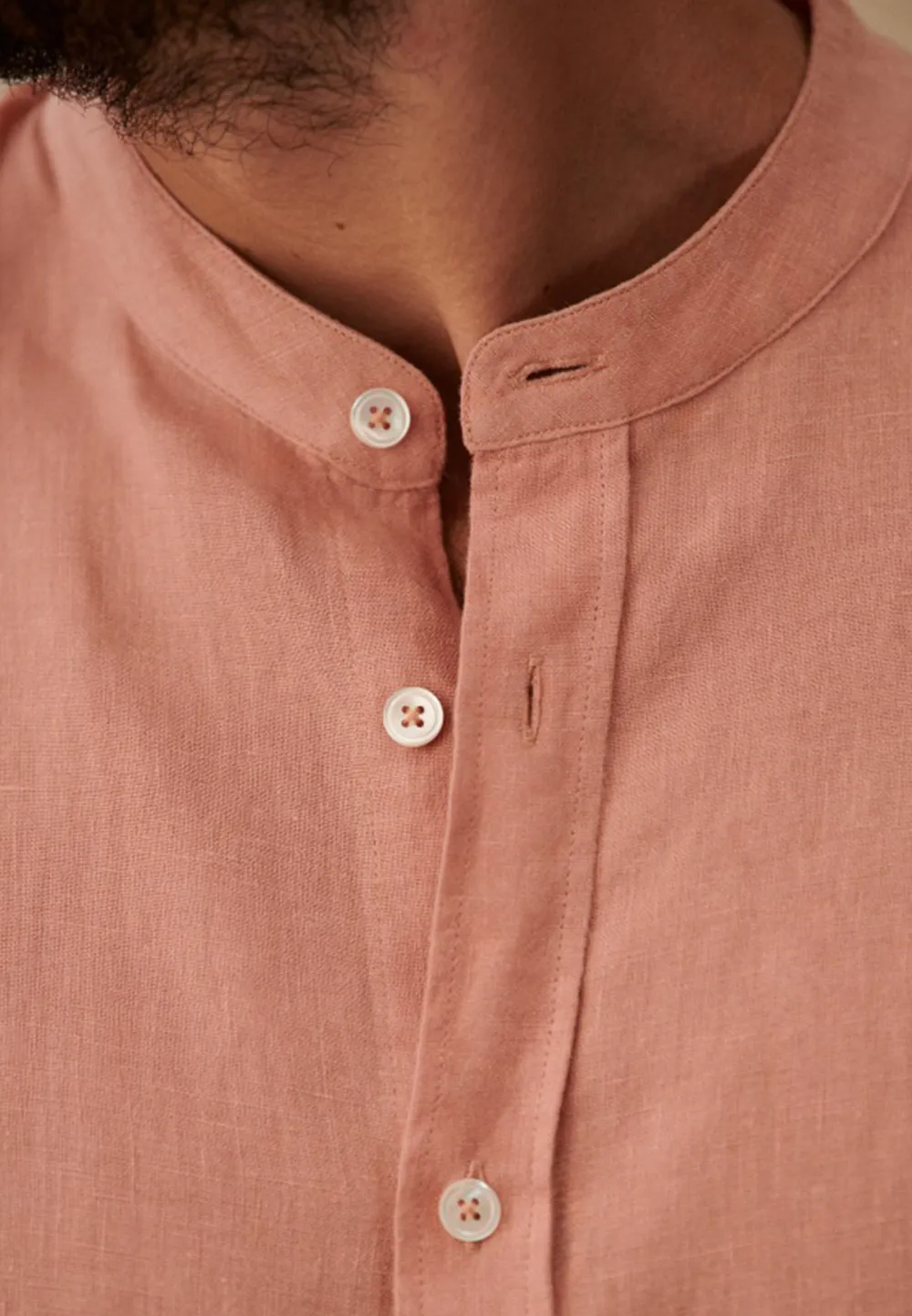 Cream Mandarin Collar Linen Blend Long Sleeve Shirt