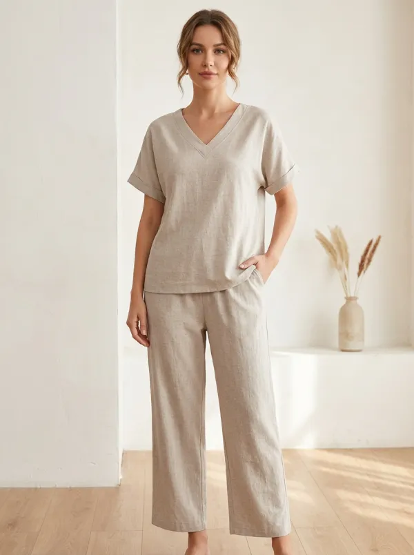 Refined Short-Sleeve Linen-Blend Women's V-Neck Casual Lounge Set