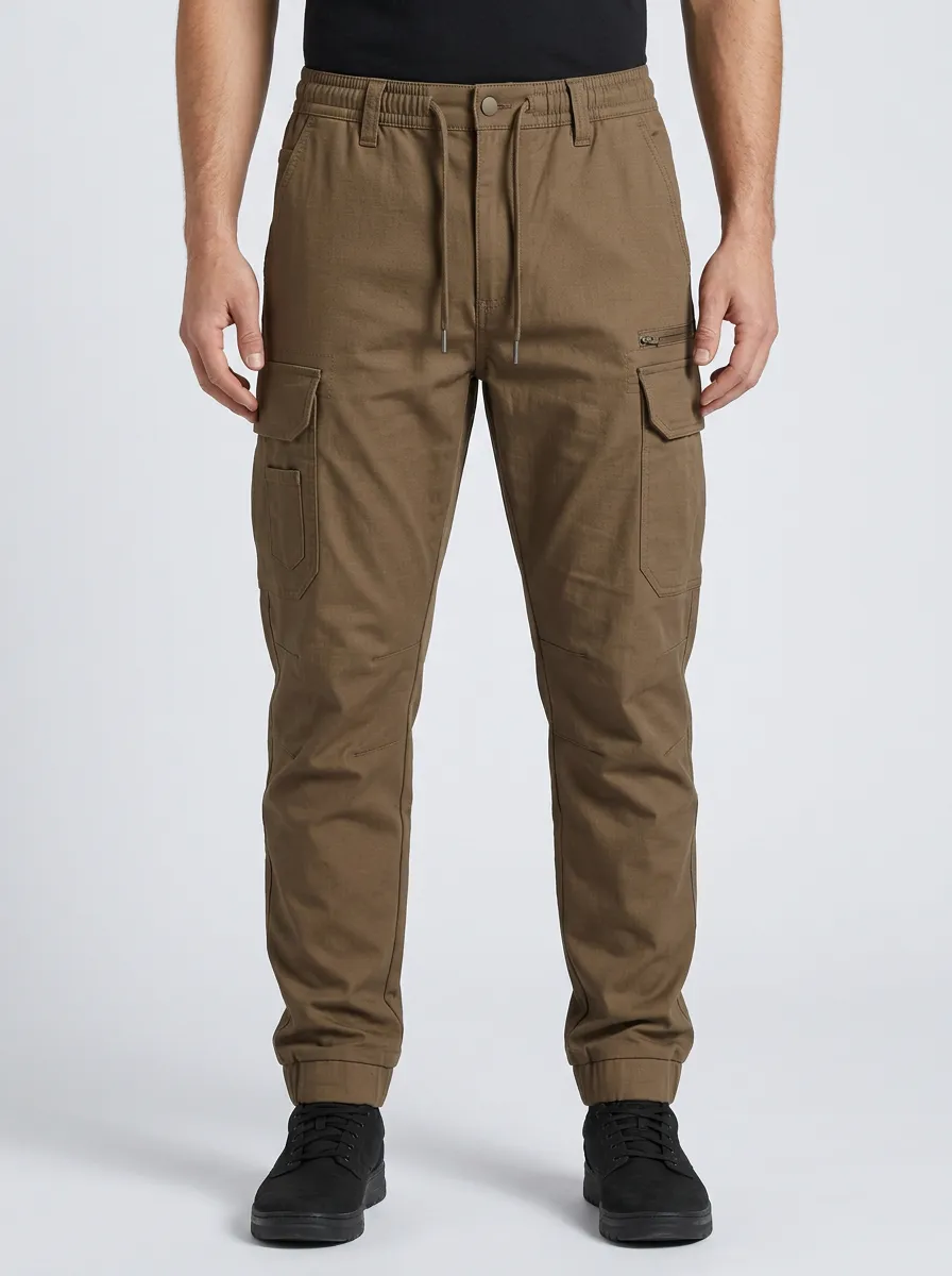 Men's Drawstring Elastic-Cuff Zipper-Pocket Cargo Joggers