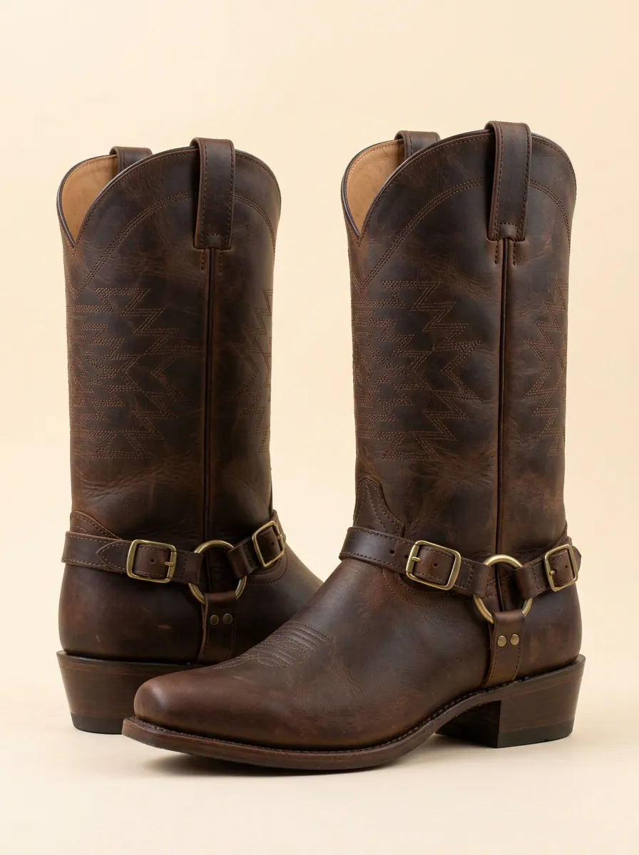 Men's Western Cowboy Brown Leather Harness Stitched Cowboy Boots