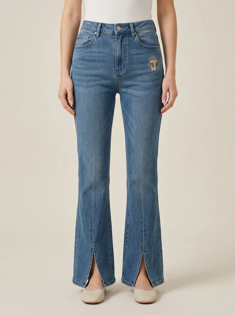 Women's Mushroom Embroidered Full-Length Split-Hem Flare Jeans