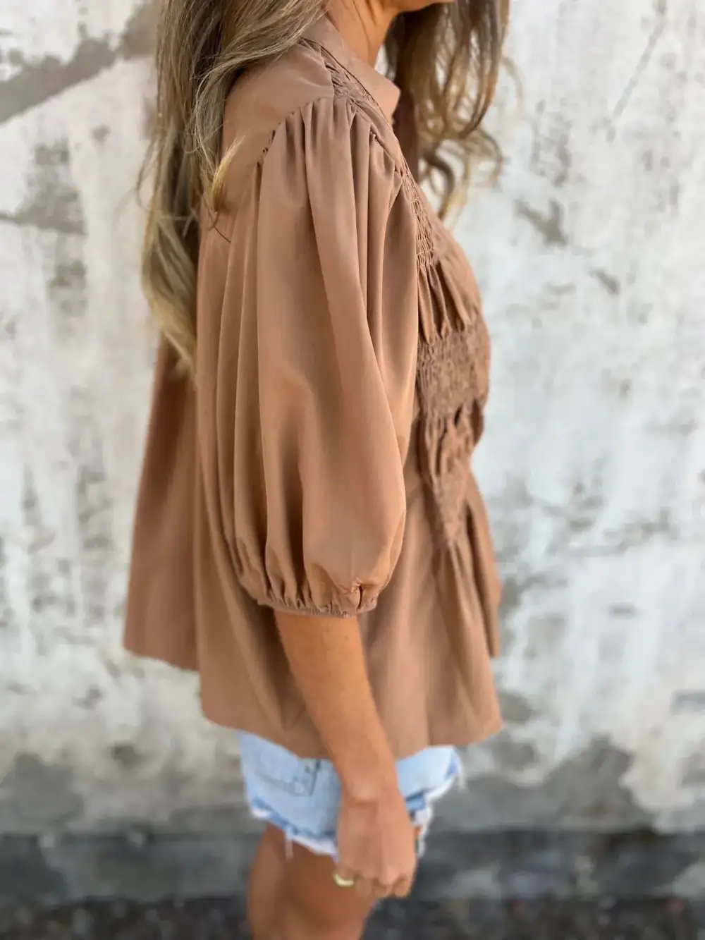 Smocked Puff-Sleeve Buttoned Blouse