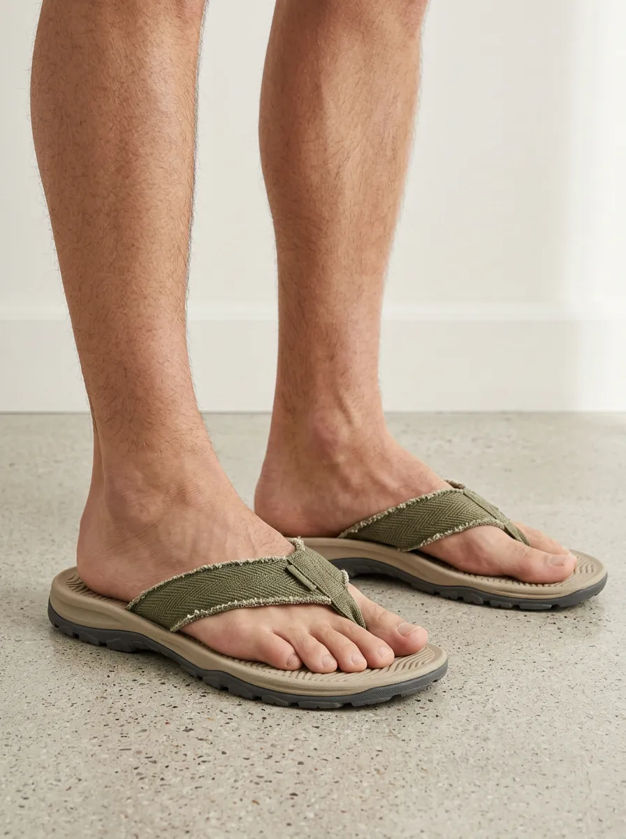 Men's Casual Outdoor Olive Green Herringbone Printed Flip Flops