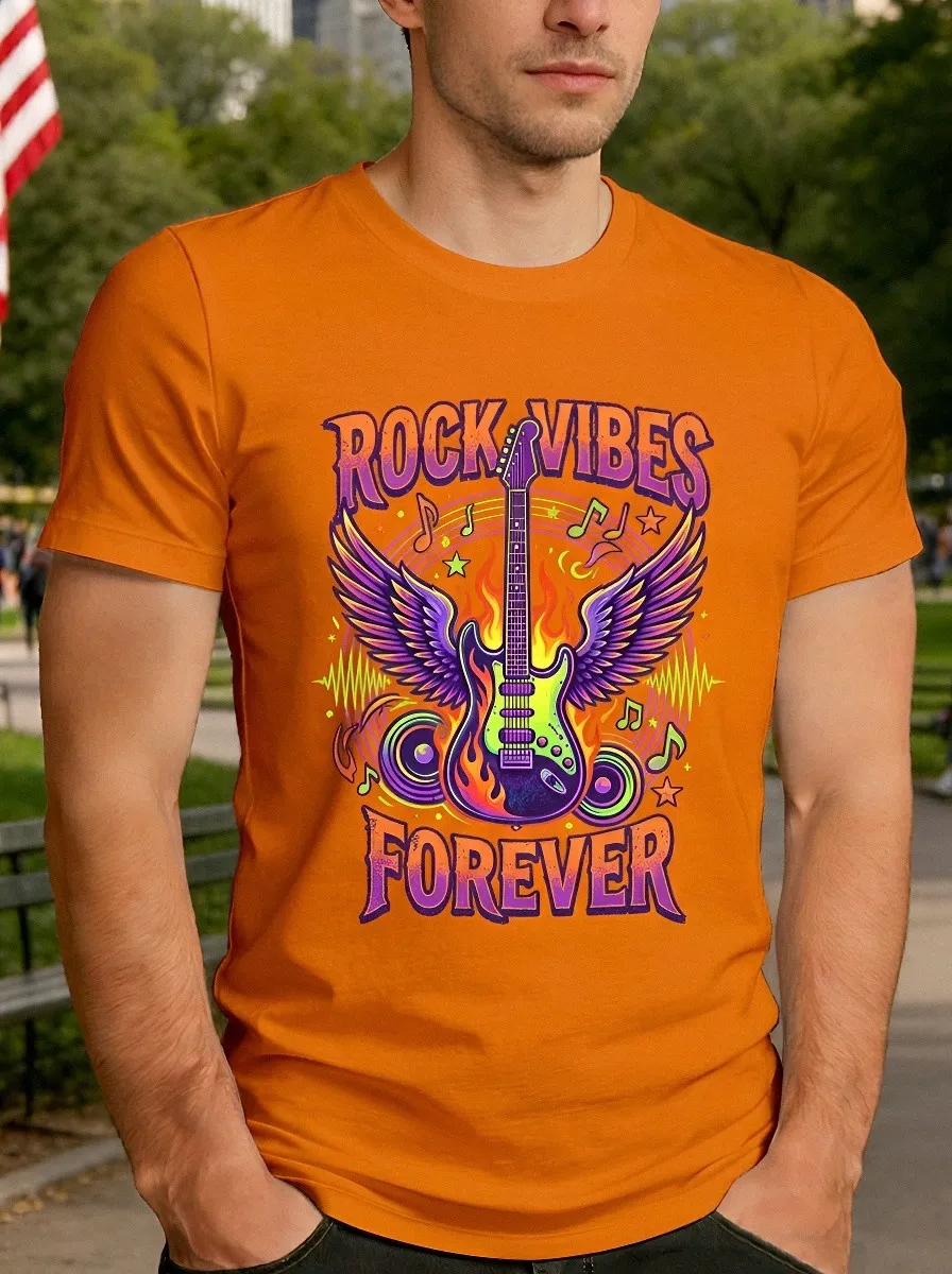 Men's Rock Music Lover Flaming Guitar Wings Printed T-shirt