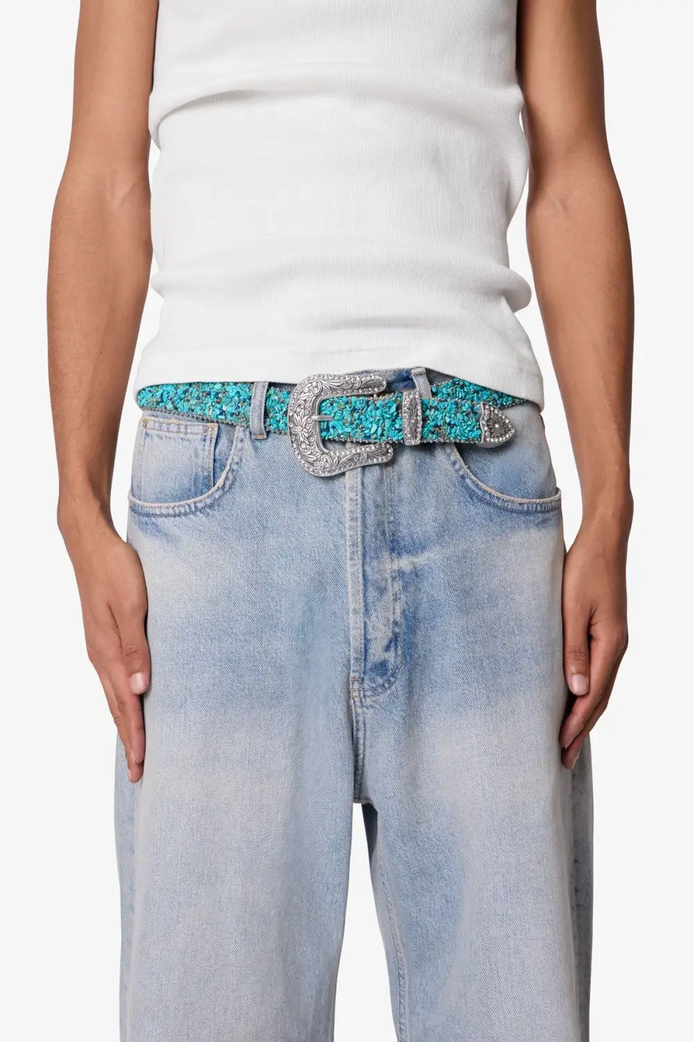 Stone Studded Floral Buckle Leather Belt