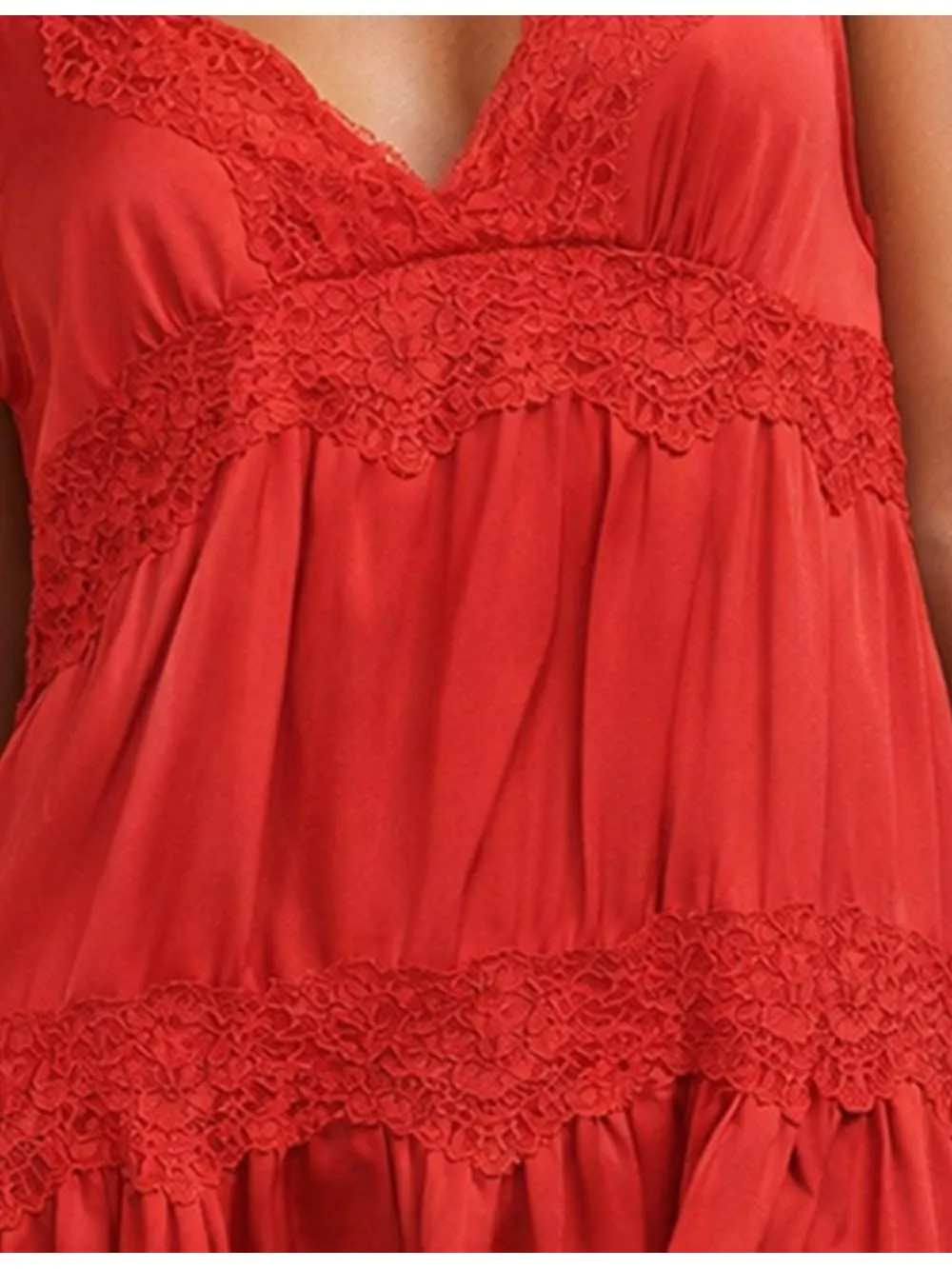 Satin V Neck Sleeveless Lace Panel Babydoll Mini Dress